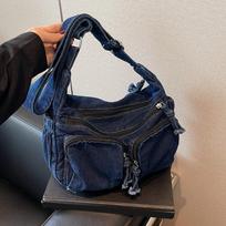 Vintage Denim Shoulder Bag Women's Large Capacity Messenger Bag Multi-pockets Satchel Bags Adjustable Strap Ladies Crossbody Bag KTY 30x12x21cm tamsiai mėlyna spalva