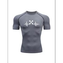 Men'S Grey Crossed Dumbbell Heartbeat Print Compression T-Shirt, Quick Dry Short Sleeve Gym Workout Tee, Muscle Fit Athletic Training Top for Men S