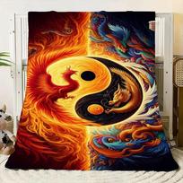 Vibrant Yin-Yang Phoenix and Dragon Blanket - Surreal Artwork Featuring Fiery Red Phoenix and Ethereal Blue Dragon, Cozy and Sof 75cmx90cm