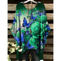 Women Floral Butterfly Print Tunic Top Green Rose Blue Butterfly Casual Batwing Sleeve Summer Beach Oversized Blouse 1XL blue