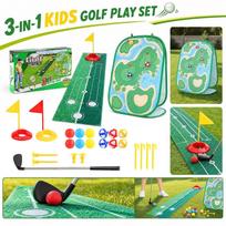 Golf Toy Foldable Bean Bag Toss Board Set Three in One Game Kit with Putting Mat Chipping Net Golf Club Balls Flags Pegs Outdoor Indoor Play One Size juoda