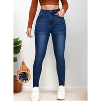 2025 Autumn/Winter Spicy Girl Women's Fleece-Lined Skinny Jeans Medium mėlyna