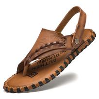 2024 Men's Genuine Leather Odor-Proof Summer Sandals: Outdoor Toe Post Flip-Flops & Driving Slippers 40 šviesiai ruda spalva