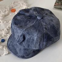 British Style Women's Beret Autumn Winter Painter Hat Fashion Pu Leather Beret  Lady mėlyna