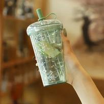 320/420/520ml Water Bottle with Straw Transparent Glass Bottles Large Capacity Plastic Coffee Cup with Lid Drink Cup Straw Cup 420ML žalia