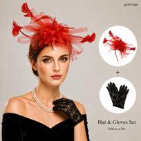 Moterų plunksnų gėlių fascinatorius ir nėriniuotų pirštinių rinkinys Elegantiškas galvos aksesuaras vestuvėms, nuotakai, arbatos, kokteilių vakarėliui 2PCS karališkos mėlynos spalvos