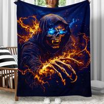 1pc Grim Reaper skull lightning dark blue background horror art flannel blanket spooky Halloween throw blanket for adults 75x90cm