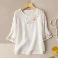 Women's Cotton Linen Shirts Floral Embroidery Casual Loose Tunic Top Summer Three Quarter Sleeves Breathable Comfortable Blouses XXXL balta