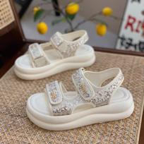 Women's Sandals New Thick Bottom Height Chic Velcro Straps Fashionable Versatile Xiao Xiangfeng Style Shiny Casual Beach Shoes 35 smėlis