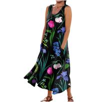 Women's Summer Casual Fashion Retro Printed Sleeveless Round Neck Pocket Dress XXL juoda