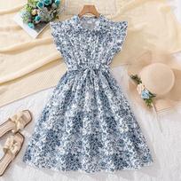 Saldi mėlyna suknelė mergaitėms - Vasarinė elegantiška gėlių princesės suknelė vaikams 130cm=8Y mėlyna