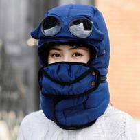 Fashion Detachable Mask Winter Thermal Hat Full Face with Glasses Lei Feng Hat Windproof Thick Earflap Scarves For Women Man tamsiai mėlyna spalva