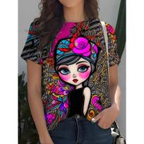 Vibrant Cartoon Girl Women's Tee - Colorful Floral & Swirl Graphic, Bold Artistic Print Design for Casual Daily Wear S
