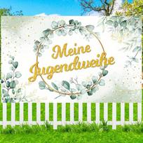 2D Gold Glitter Jugendweihe Backdrop, Meine Jugendweihe Eucalyptus Background for Party 47.2x31.5inch/120*80cm