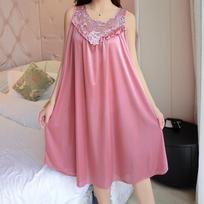 Women Sexy Ice Silk Satin Nightgowns Baggy Casual Sleeveless Sleepwear Long Dress rožinė