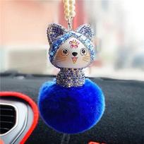 Cute Car Pendant Lovely Lucky Cat Rhinestone Chinese Style Cartoon Plush Fur Ball Decoration Hanging Ornaments Auto Accessories mėlyna