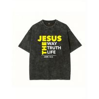 High Quality Washed Retro Men's Cotton Four-Season Wearable T-Shirt with Jesus Print for Summer Casual Top S