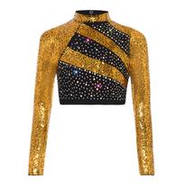 Girls Stage Performance Crop Top: Mock Neck Long Sleeve with Sequin Rhinestones, Cutout Back & Press Button Closure for Dance 5-6 Years auksas