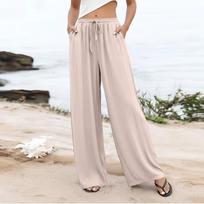 Womens Palazzo Pants Summer Casual Flowy Wide Leg Trousers Beach Travel Vacation Outfits L smėlis