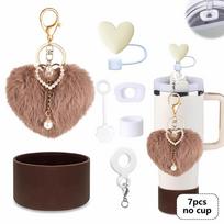 7Pcs Accessories Set for Stanley Cup 40oz 30oz Tumbler Water Bottle Heart Pompom Plush Ball Pearl Pendant Silicone Cup Cover