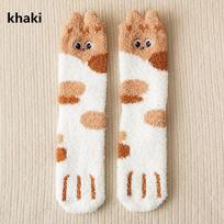 Women Lovely Plush Thickening Cashmere Socks Home Floor Socks Coral Fluffy Feet Warmer Animal Coral Velvet Warm Tube Socks chaki