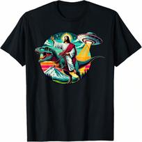 Jesus Riding Dinosaur UFO Alien Cross Religious Retro God T-Shirt S įvairiaspalvis