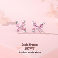 Tichia S925 Sterling Silver Butterfly Tassel Necklace with Pink Zircon for Women S925 Silver