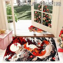 Japanese Fox Wave Rug Flannel Soft Kids Carpet Red Moon Animal Print Bedroom Kitchen Floor Mat Anti Slip 40x60cm