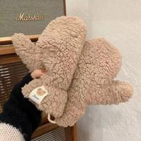 Women's Winter Lambswool Teddy Bear Patch Gloves - Fleece Lined, Thick, Cute, Hanging Neck Design for Cycling. One Size