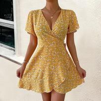 Women's New Summer Sexy Floral Lace-up Short Sleeve V-neck Dress XXL auksas