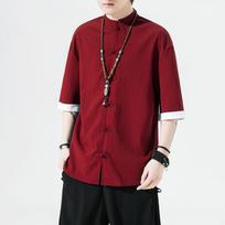 Shirt Men's Summer Stand Up Collar Yukata Kimono Samurai Wear Colour Blocking T Shirt Hanbok Casual Coat M raudona