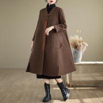 Retro Disc Buckle Fashion Rhombic Cotton Windbreaker Women's Winter Western Style Ladies Mid-length Jacket S kava