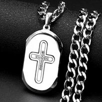 Christian Rhinestones Cross Dog Tag Pendant Necklace for Women Men Stainless Steel Silver Color Religious Amulet Chain Jewelry