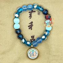 Blue Medicine Master Thangka Ceramic Bead Bracelet in Ash Glaze with Gold Foil and Colorful Panjiayuan Design