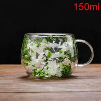 1 vnt. dekoratyvus pieno arbatos puodelis su džiovintomis gėlėmis 150/300 ml dvigubo sluoksnio stiklinis puodelis su džiovintomis gėlėmis, atsparus aukštai temperatūrai, kavos puodelis brown
