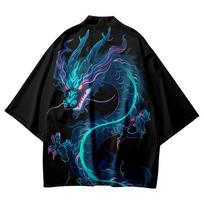 Japanese-style Kimono Cloak, Chinese Dragon Cardigan, Taoist Robe, Feather-woven Loose Three-quarter Sleeves, 3D Digital Printing XXS