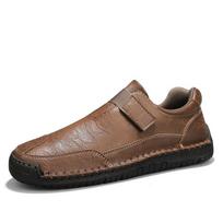 Men's Handmade Leather Driving Loafers - Slip-on Velcro Casual Shoes in Large Sizes. 41 chaki