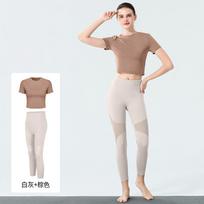 European and American nude yoga suit, women's summer mesh stitching fitness trousers, sports short-sleeved quick-drying t-shirt two-piece set XS