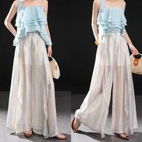 Women's Tencel Blend Striped Wide-Leg Pants L