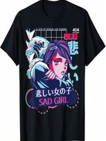 Sad Anime Girl Glitch Sorrow EGirl Japanese Vaporwave T-Shirt S įvairiaspalvis