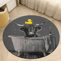 Highland Cow Bath Duck Round Rug Flannel Funny Animal Decor Bathroom Floor Mat Quirky Home Accent Humor Lovers Gift Idea 60cm x 60cm