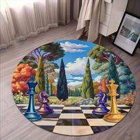 Chessboard Landscape Round Rug Flannel Fantasy Garden Chess Pieces King Queen Knight Decorative Floor Mat For Study Library Game 60cm x 60cm