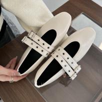 Fashion Flat Shoes Women's Mary Jane 2025 New Buckle Female Leather Fashion Casual Elegant Soft Sole Rivet Decoration Women Loafers 35 smėlis