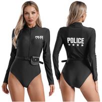 Moterų policininko uniforma S-4XL Cosplay, priekyje užtraukiamas kombinezonas su diržu ir rankine, vaidmenų žaidimo kostiumas teminiam vakarėliui S tamsiai mėlyna spalva
