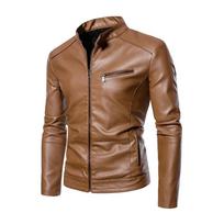 PU Casual Leather Jacket Men Fleece Motorcycle Biker Slim Fit Outerwear Men Solid Stand Collar Leather Jackets M chaki