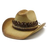Outdoor Summer Spray Paint Straw Western Cowboy Hat With Feather, Sunscreen Visor For Outing M（56-58cm） chaki