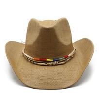 Hard Top Panama Straw Cowboy Hat for Summer Sun Protection, for Men and Women, American Western Style M（56-58cm） chaki