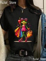Fashion Frog Shopping Printed T Shirt Women Clothes 2024 Funny Casual Tshirt Femme Harajuku Shirt Summer Fashion T-Shirt Female S įvairiaspalvis