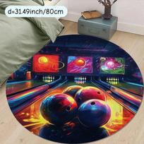 Bowling Alley Scene Round Rug Colorful Retro Design Flannel Carpet for Game Room Bedroom Decorative Non Slip Washable Floor Mat 60cm x 60cm