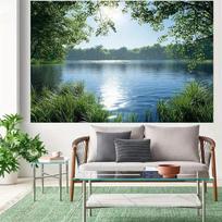 2D Sunny Lake with Trees and Reflections Backdrop Party Photo Background Cloth 47.2x31.5inch/120*80cm